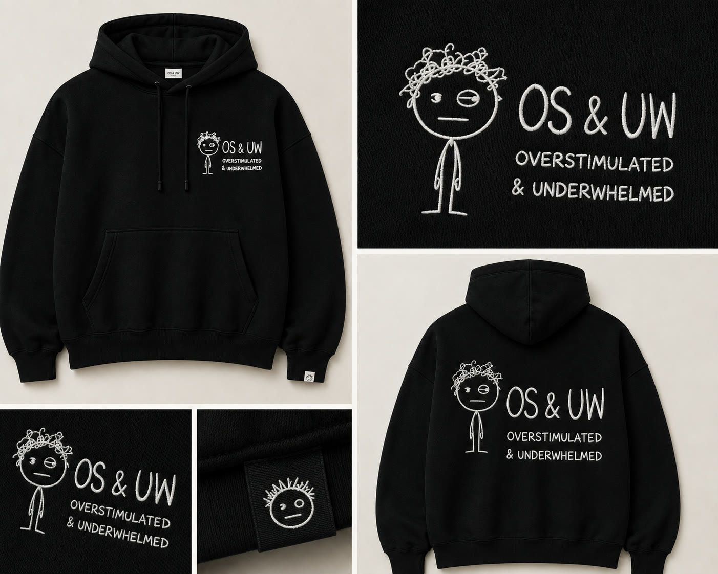 OS & UW Black hoodie, front and back embroidery detail