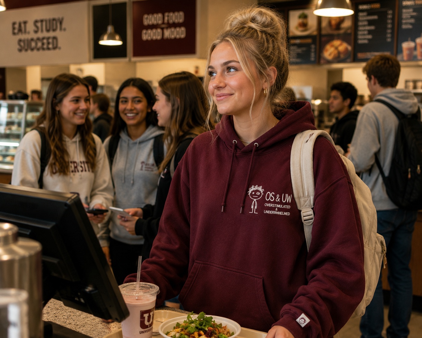 OS & UW Maroon hoodie worn on campus