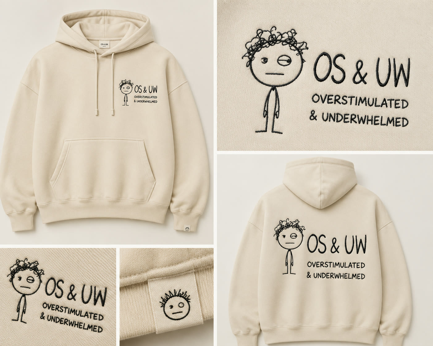 OS & UW Natural hoodie — front, back and embroidered chest detail
