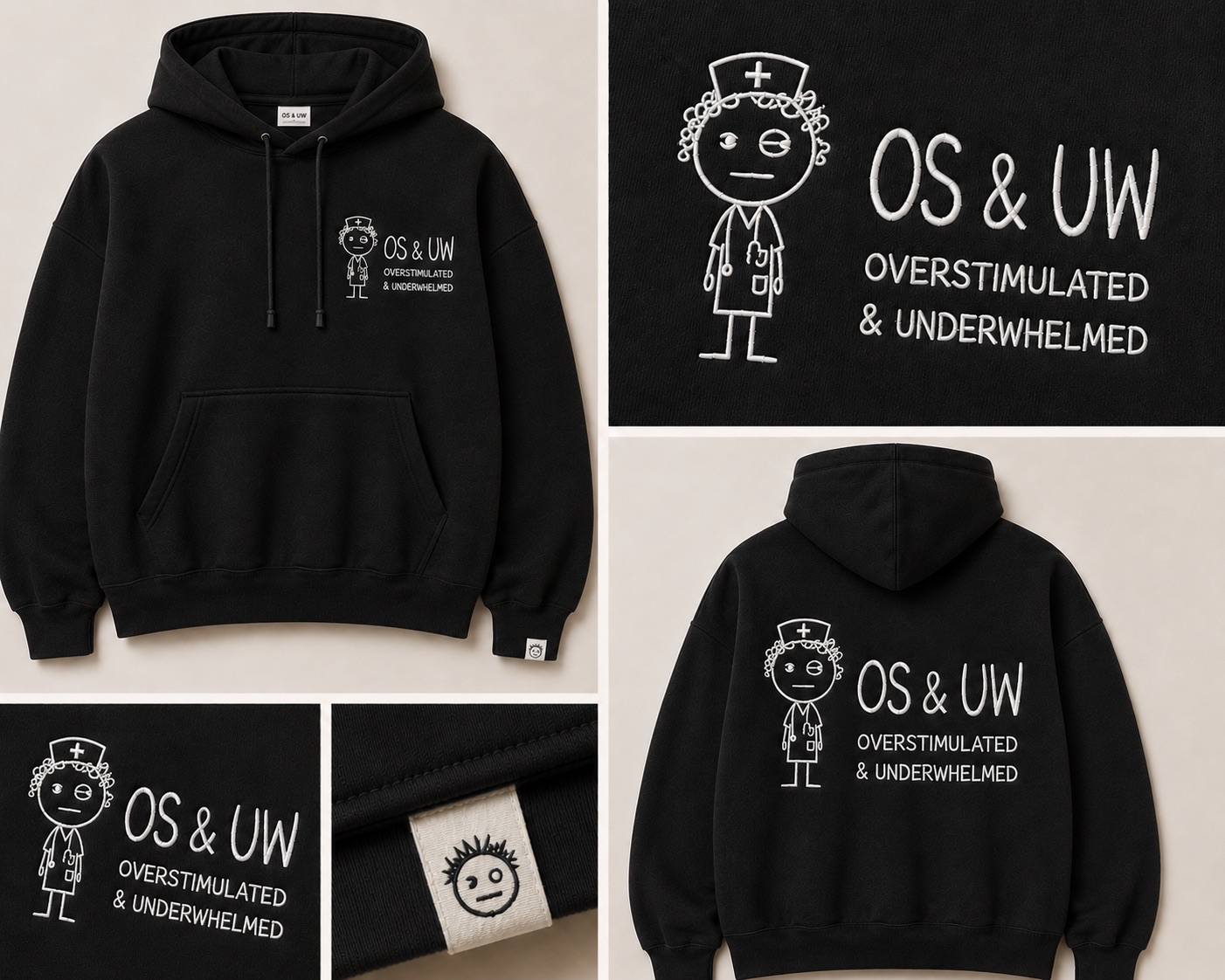 OS & UW Nurse hoodie — black, front, back and embroidered chest detail
