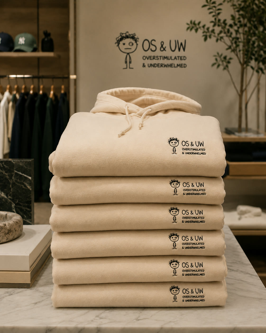 Stack of folded oatmeal OS & UW hoodies