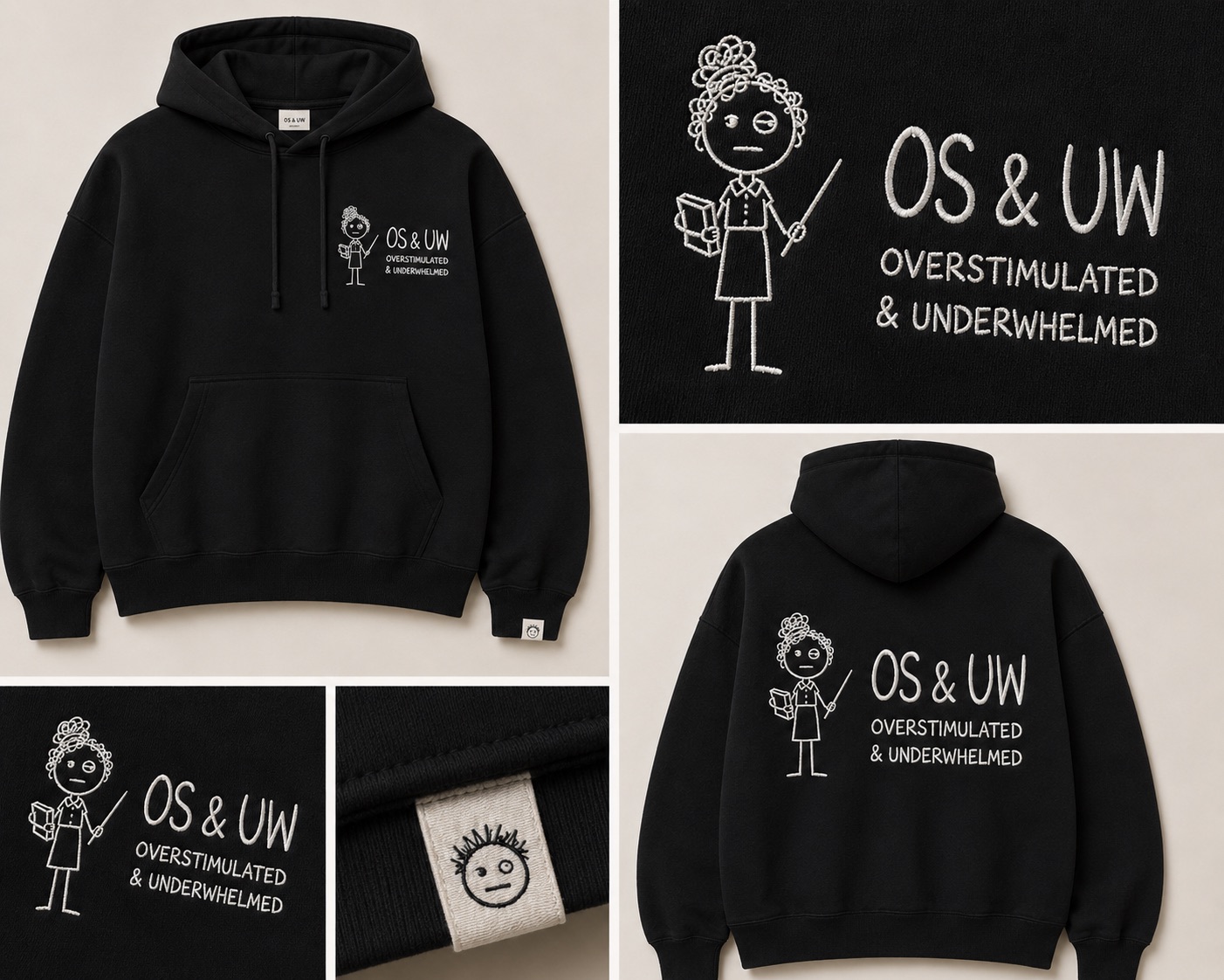 OS & UW Teacher hoodie — black, front, back and embroidered chest detail