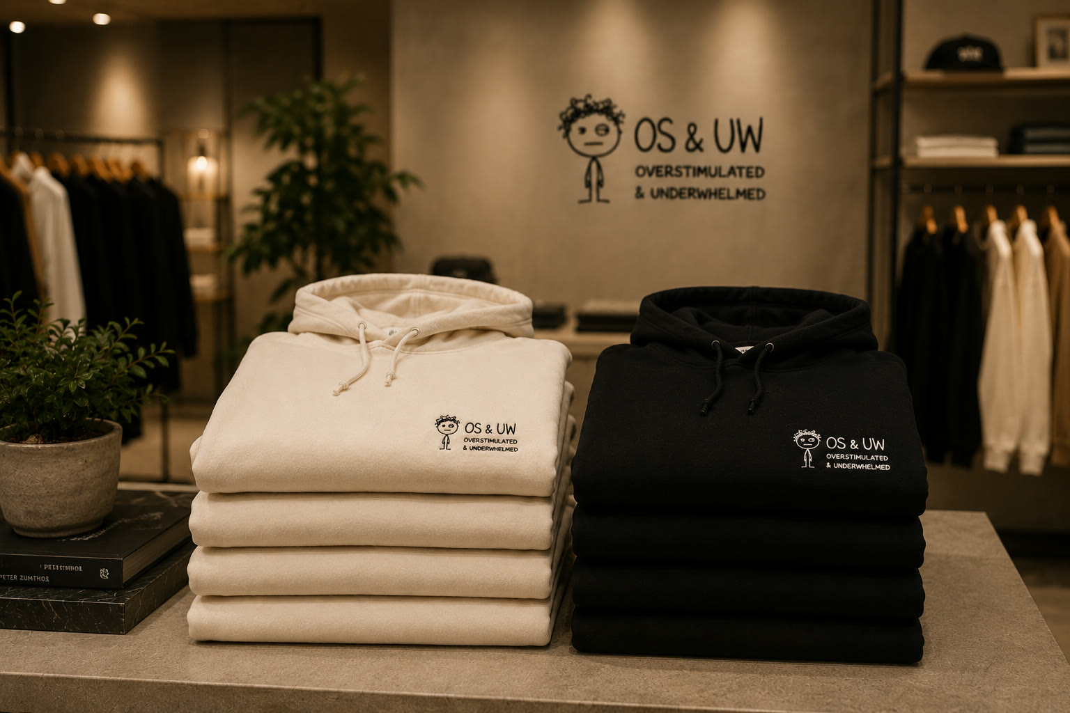OS & UW store interior with folded hoodies